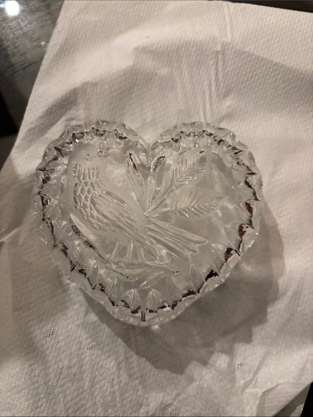 Vintage Hofbauer Byrdes Germany crystal bird heart trinket dish etched frosted 4